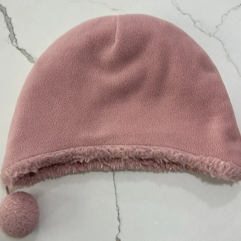 Girls Kids Pink Bear Ears Fleece Winter Hat Gold Flecks Pom Poms Size 52 (6 5/8)